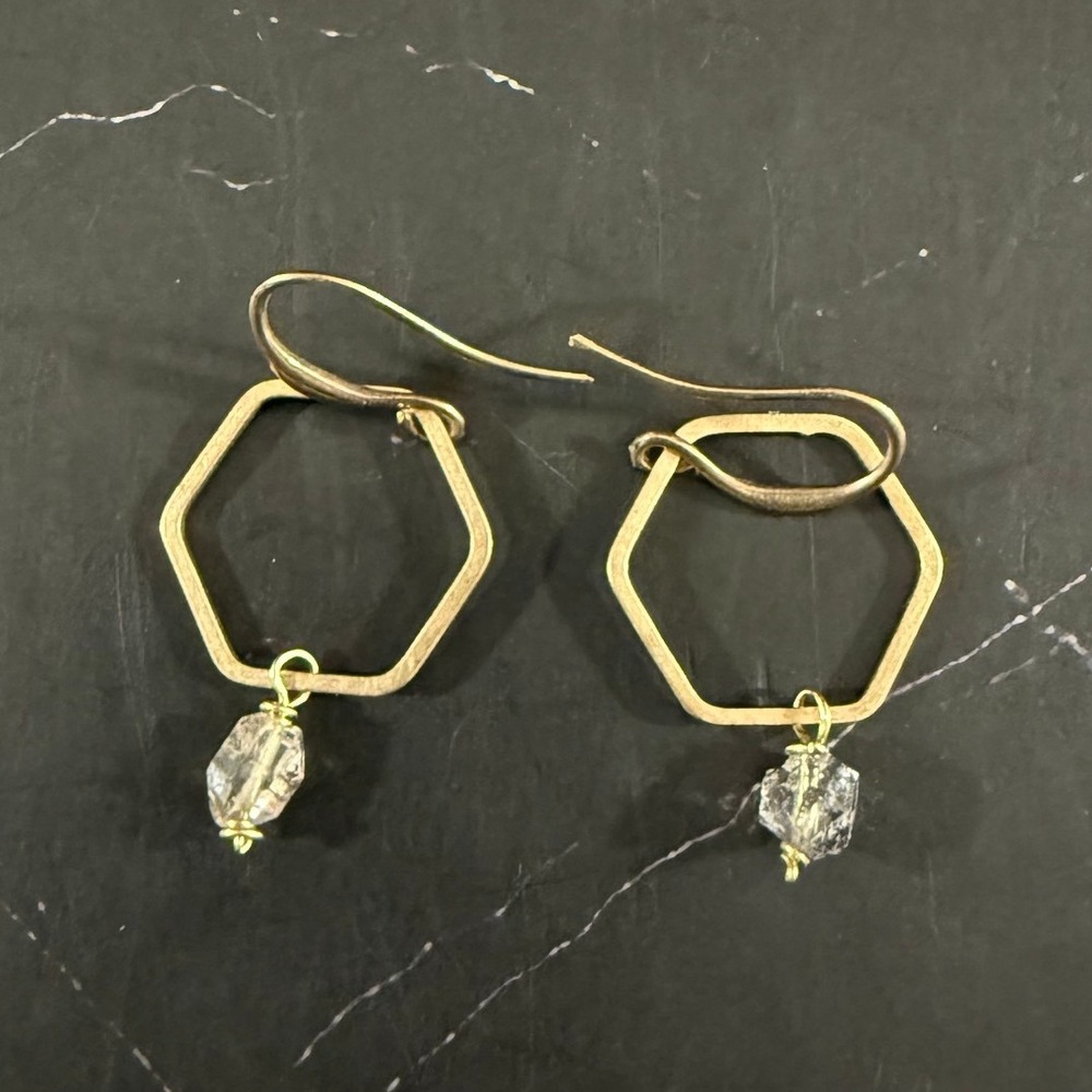 Solid Brass Hexagon Quartz Stone Drop Earrings